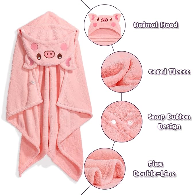 WODHOY Baby Hooded Towel Toddlers, 50 x 32 Inch Large Toddler Towel Hooded Set,2-Pack Thick Animal Bath Towels,Ultra Absorbent for Kids Cozy and Warm-Bath Essential Green Giraffe and Pink Pig