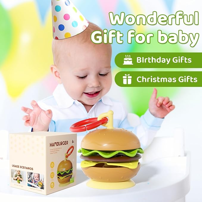 Hamburger Suction Cup Toys Holder for High Chair, Stroller Baby Toys 6-12 Months & Toddlers, 3 Tethers Keep from Falling, Great for Restaurant & Car Seat Airplane Travel