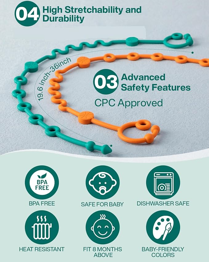 Toy Straps for Baby, 5pcs Adjustable Toy Holder for Stroller Accessories, Silicone Tether Pacifier Clip, No Throw Travel Essential Leash for High Chair, Car Seat (4-Pack)