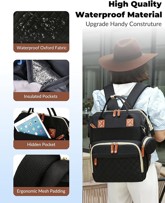 Diaper Bag with Changing Station, Waterproof 3 in 1 Baby Diaper Backpack with Foldable Changing Pad, Large Travel Back Pack for Baby Girl Boy, Baby essentials, Black