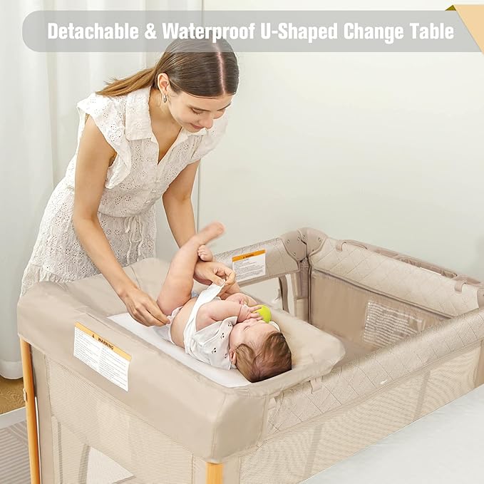 Baby Bassinet 5 in 1 Pack and Play,Baby Crib Adjustable Beside Sleeper One-Second &One-Hand Setup,Portable Playard Foldable Playpen for Newborn,Babies and Toddlers with Changing Table,Mattress (Beige)