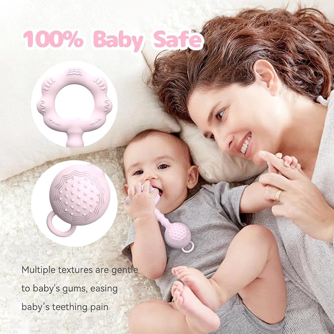 Teething Toys for Babies 6-12 Months, Baby Rattles 0-6 Months, 2-in-1 Rattle and Teether Toy for Soothing Sore Gums and Keeps Little Ones Entertained, Food Grade Silicone, Pink
