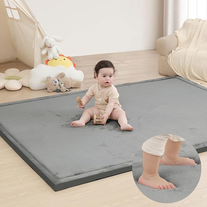 Baby Play Mat for Floor,1.3" Thick Elasti Foam Tummy Time Mat,79"×158“ Extra Large Soft Velvet Nursery Rug,Non Slip Safe for Crawling,Toddlers,Infants,kids,Tatami Style for Living Room,Classroom,Playroom(Dark Grey)