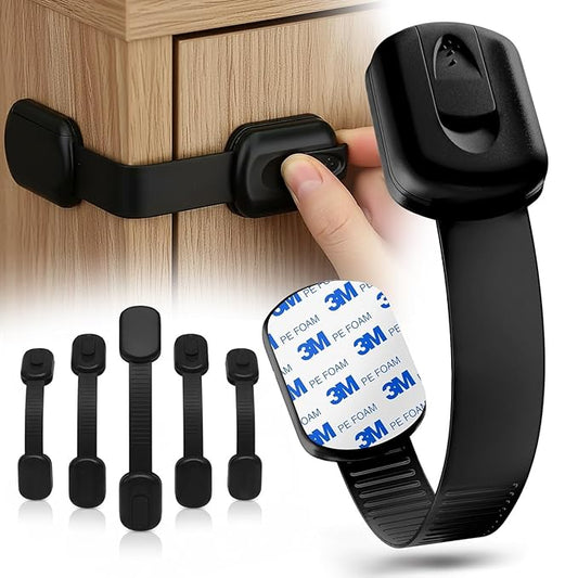 SAFENEST Child Proof Cabinet Locks (5 Pack Black) 3M Adhesive for Cabinets and Drawers, Fridge, Drawer Locks Baby Proofing, No Drilling; Alcohol Prep Pads Included