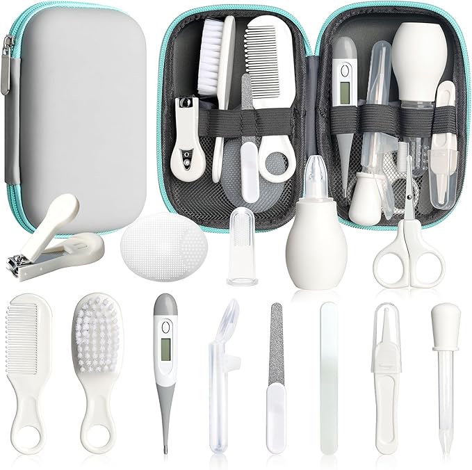 Baby Healthcare and Grooming Kit, 14 in 1 Baby Safety Set Newborn Nursery Health Care Set with Hair Brush Scale Nail Clippers for Baby Girls Boys (14 Kits Grey White)