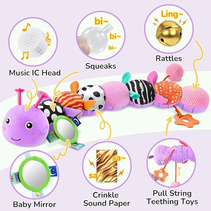 AWOTOY Baby Toys 6-12 Months Music Caterpillar Infant Toys Stuffed Animals 0-3-6 Months Teething Tummy Time Sensory Toys with Mirror Rattle&Pull String for Boys Girls Birthday Gifts|Lavender Purple
