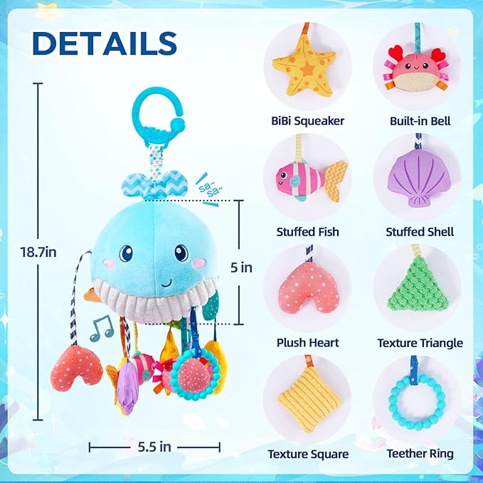 Jollybaby Activity Pull String Hanging Toy for Baby Stroller Car Seat Crib Play Gym, Plush Stuffed Ocean Whale Toy for Carseat with Teether Rattles, Montessori Sensory Toy for Baby Gift