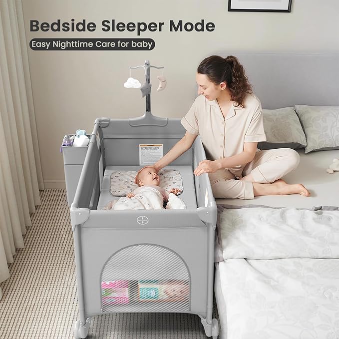 Large Pack and Play, Baby Bed Portable Crib with Diaper Changing Table Mattress Hanging Toys & Decor, Travel Bassinet Bedside Sleeper Playard from Newborn to Toddlers