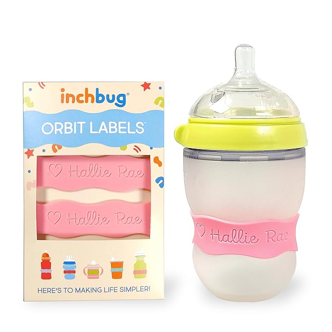 InchBug Orbit Labels Baby Bottle and Water Bottle Silicone Name Bands – Personalized Reusable Label Set for Daycare, Sippy Cups, Preschool, Elementary School, Dishwasher Safe, 4-Pack (Bubblegum Pink)