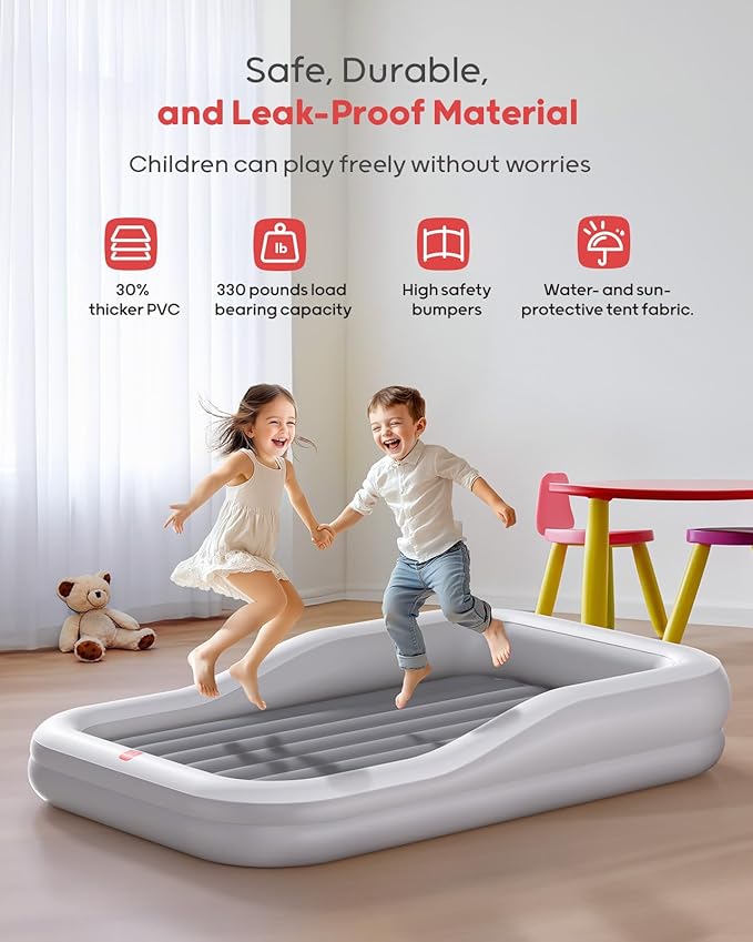 QPAU Inflatable Toddler Travel Bed with Tent, Portable Kids Air Mattress with Safety Sides, Ideal for Home, Grandma's, Camping, Traveling -Includes Fast Electric Pump