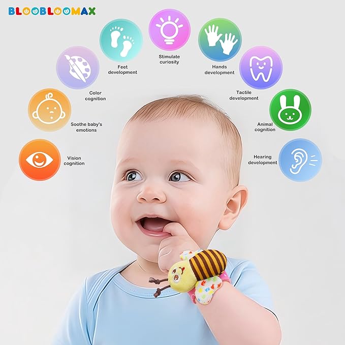 Bloobloomax Wrist Rattle Socks and Foot Finder Set, Infant Girl Boy Toys for Babies 0-36 Months, Newborn Hand & Foot Toys for 0 to 3 Years, Baby Shower Gifts Set (Dark Blue Gift Box)
