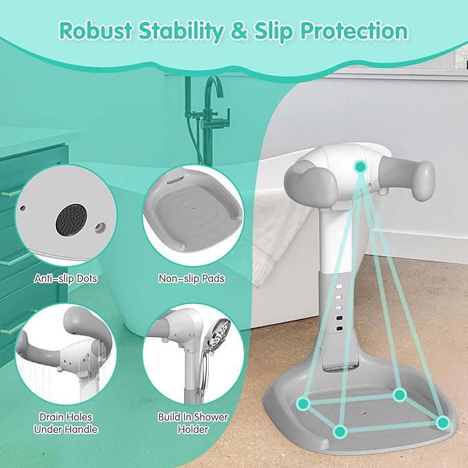 One Piece No Assembly/Installation Baby Shower Stand with Anti-Slip Base and Shower Holder, Foldable Baby Bath Standing Support for Boy/Girl, Adjustable Toddler Stand Up Bath for 6-36 Months, Gray