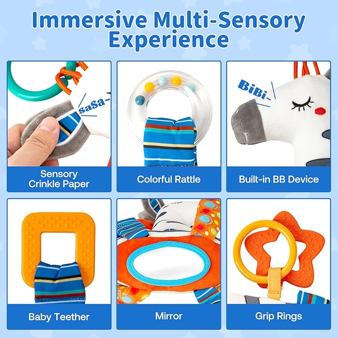 Baby Stroller Toy and Car Seat Toy for Infant with Teether Hanging Rattle Toys Clip on Stroller Toy Soft Plush Baby Toys for Boys and Girls 3-12 Months