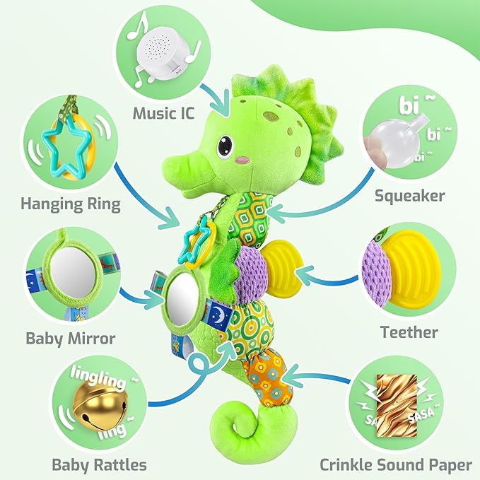 Sumobaby Infant Baby Musical Stuffed Animal Activity Soft Toys with Multi-Sensory Crinkle, Rattle and Textures, for Tummy Time Newborn 0-3-6-12 Months Girls,Seahorses - Green with Baby Mirror