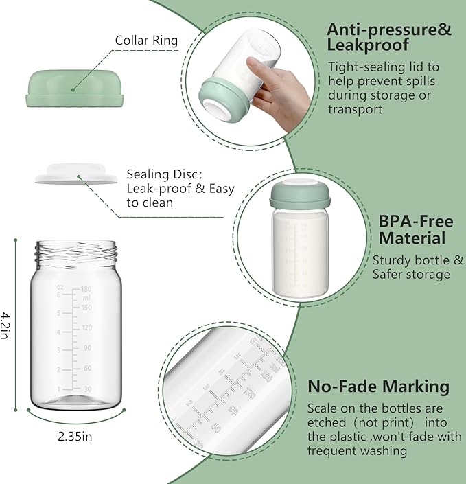Breastmilk Storage Bottles Collection Bottles, 6oz Wide-Neck Breast Milk Container Compatible for Spectra S1 S2 SG Motif Luna Breast Pumps, Fit for Momcozy Breast Milk Cooler & Fridge, 2 Packs