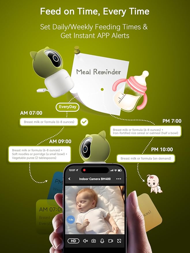 Outinput Baby Monitor with Camera and Audio, 2K 4MP Indoor Security Camera for Home, 360° PTZ, AI Crying & Feeding Alerts, Night Vision with Gentle Light, Soothing Lullabies, 2-Way Audio
