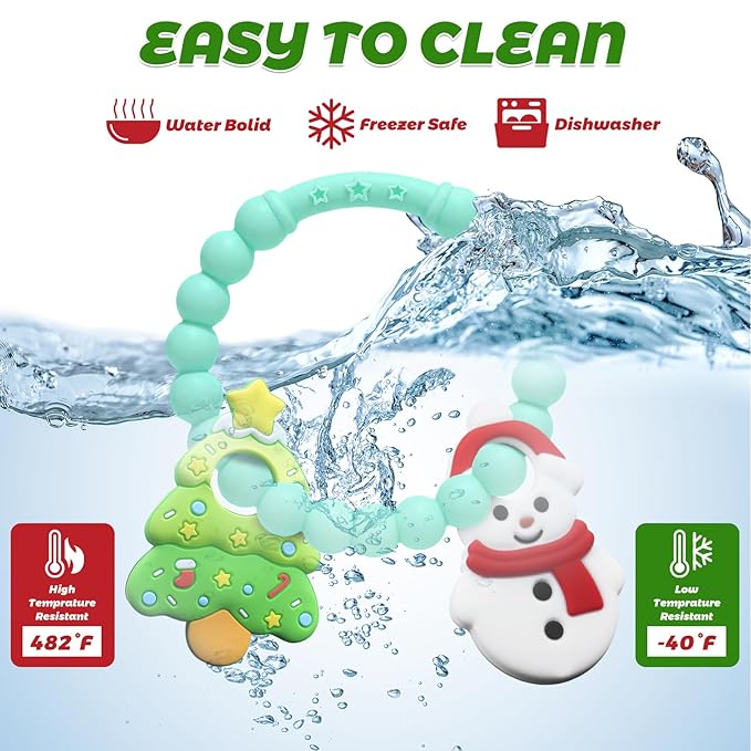 Christmas Baby Teething Toys, Snowman & Tree Silicone Teether for 3-12 Months, Textured Sensory Chewing Ring for Infants & Toddlers, Boo Basket Stuffer, Gift for Baby’s First Christmas