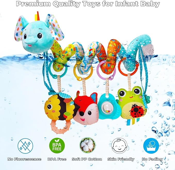 BATOHO Car Seat Toys for Babies 0-6 Months, Hanging Spiral Activity Stroller Toy for Infants 3-6 Months, Developmental Toy for Newborn 0 3 6 12 Month with Music Box Rattle Squeaker- Blue Elephant