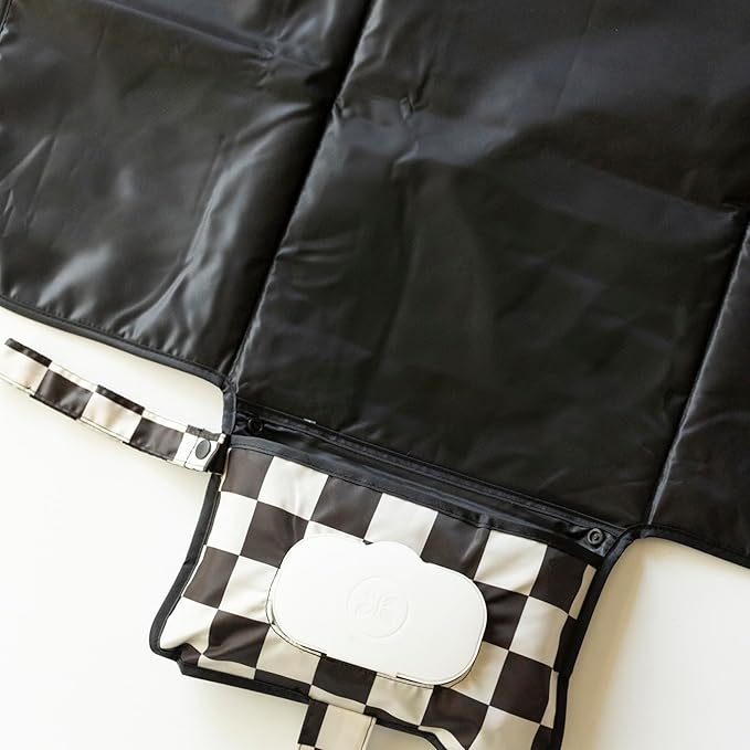 Tiny Twinkle Portable Diaper Changing Pad | Waterproof, Wipeable & Compact Baby Changing Pad for Travel | Smart Wipes Pocket & Organized Storage| Newborn Shower Gift (Black Checkers)