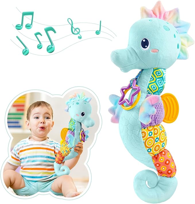 AWOTOY Baby Toys 0 to 12 Months, Musical Stuffed Animal Activity Soft Toys with Multi-Sensory Crinkle, Rattle and Textures, Infant Tummy Time Toys for Newborn Boys, Seahorse, Blue