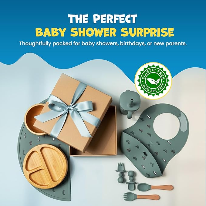 Bamboo & Silicone Baby Feeding Set 8 PCS | Baby Led Weaning Supplies Self Feeding | Divided Suction Plate Bowl Bib Sippy Cup with Straw Utensils Baby Bowls and Spoons Toddler Feeding Set (Pine Gray)