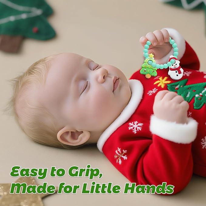Christmas Baby Teething Toys, Snowman & Tree Silicone Teether for 3-12 Months, Textured Sensory Chewing Ring for Infants & Toddlers, Boo Basket Stuffer, Gift for Baby’s First Christmas