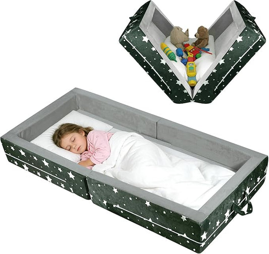 laapee Portable Toddler Travel Bed – Foldable Floor Bed for Toddlers 3-6 with 3.54" Soft Foam, 2-in-1 Travel Crib & Storage Box, Washable Cover, Grey | Easy Care