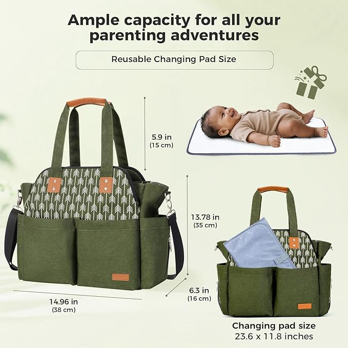 Lekebaby Diaper Bag Tote for Baby - 17 Pockets Large Travel Diaper Tote with Portable Changing Pad, Mom Crossbody Hospital Bag for Labor Delivery, Waterproof, Baby Essentials for Newborn Gifts, Green