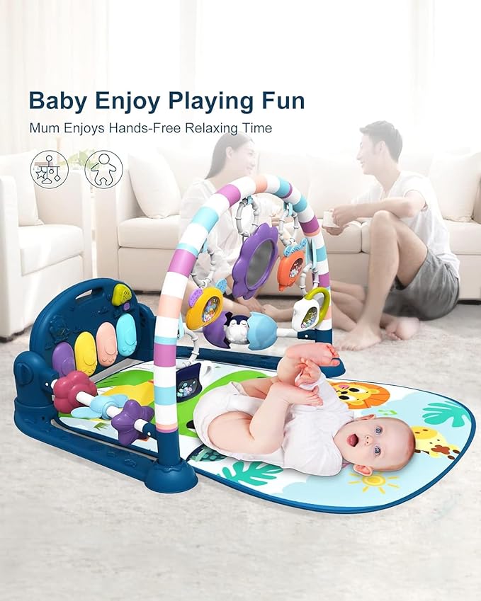 dearlomum Baby Play Mat Gym,Funny Play Piano Interactive Activity Mat with 5 Infant Sensory Toys & 4 Wrist Rattle Socks, Boy & Girl Gifts for Newborn 0 to 3 6 9 12 Months(Blue)