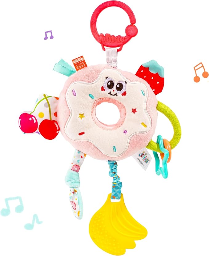 Jollybaby Baby Pull Vibration Toy - Tummy Time Sensory Hanging Toys for Car Seat, Stroller, Crib & Play Gym, with Babies Rattles & Teether, Airplane Travel Toys for Toddlers Gift - Donut