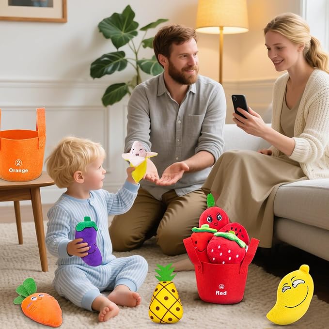 Baby Sensory Toys for 6-12 Months, Montessori Toys for 1 Year Old Boy Girl, Color Sorting & Counting, Soft Fruit Vegetable Play Food with Rattle Crinkle, Toddler Learning Toy for First Birthday Gift