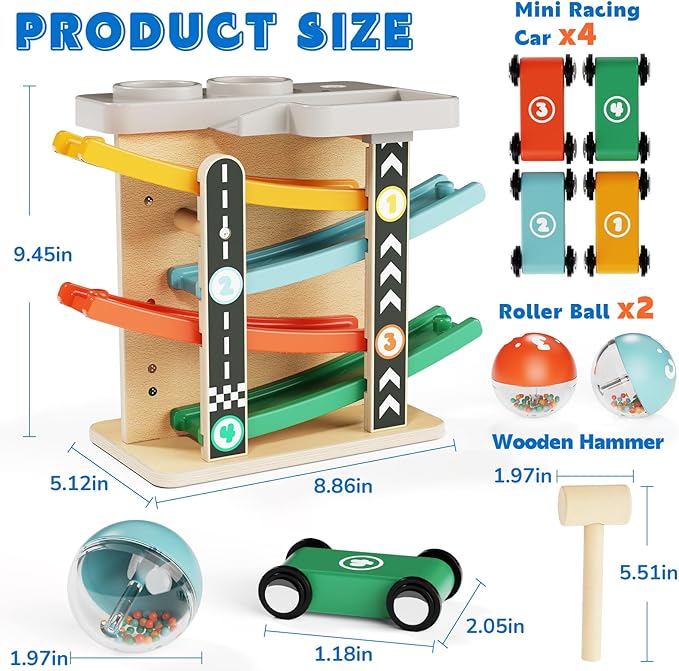 2-in-1 Pound Ball Toddler Toy Wooden Car Ramp Race Track Ball Drop Baby Toy Set Gift for 1 2 3 Year Old Boys Girls Montessori Developmental Learning Activity Interactive Cause Effect Birthday Present