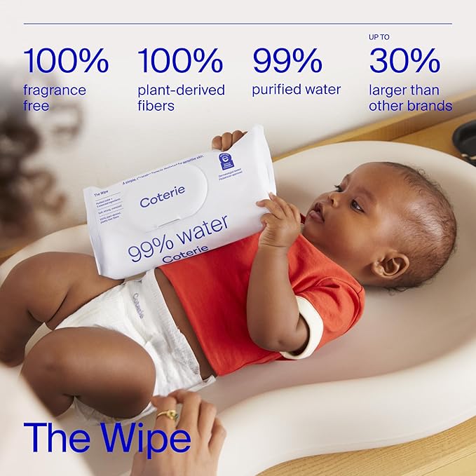 Coterie Baby Wipes + Diapers Kit, Size 1 (198 Count) & Size Newborn Diapers (93 Count), 4 Pack (224) Wipes with 99% Water, Plant Based Materials, Hypoallergenic for Sensitive Skin, Baby Essentials