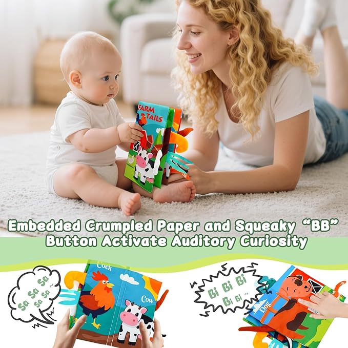 Baby Books Toys 0-12 Months with Teether,Tummy Time Crinkle Sensory Toys,High Contrast Touch & Feel Soft Book, Early Learning Infant Toys,Shower Gift for Boys Girls (Farm Animals)