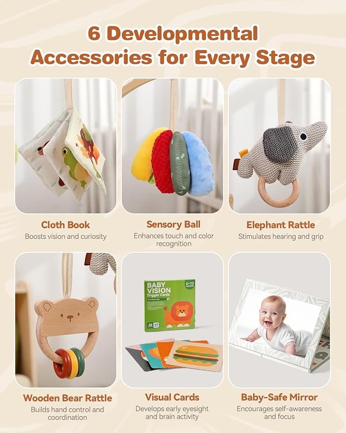 Macabaka Wooden Baby Play Gym & Tummy Time Playmat – Montessori Sensory Activity Mat with 6 Developmental Toys for Fine Motor Skills – for Newborns to Toddlers (0–12M+)