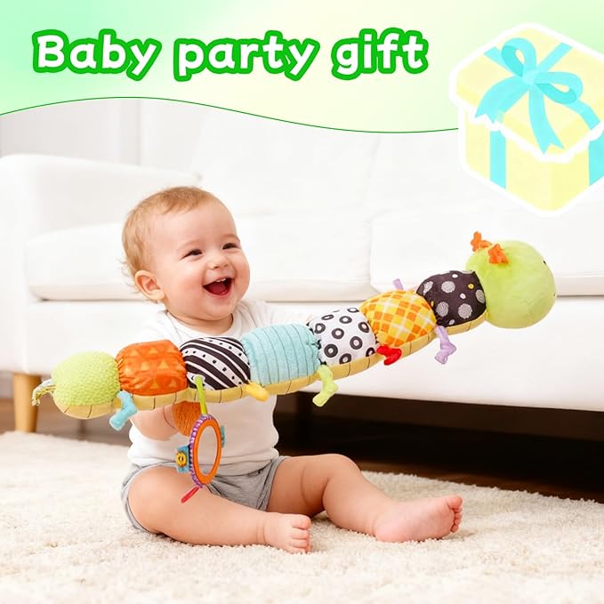 SRICH Baby Musical Plush Caterpillar Toy - 0-12 Months Tummy Time & Head Lifting Soft Sensory Toy, Rattle, Rustling Sounds & Mirror, Perfect Gift for Boys & Girls