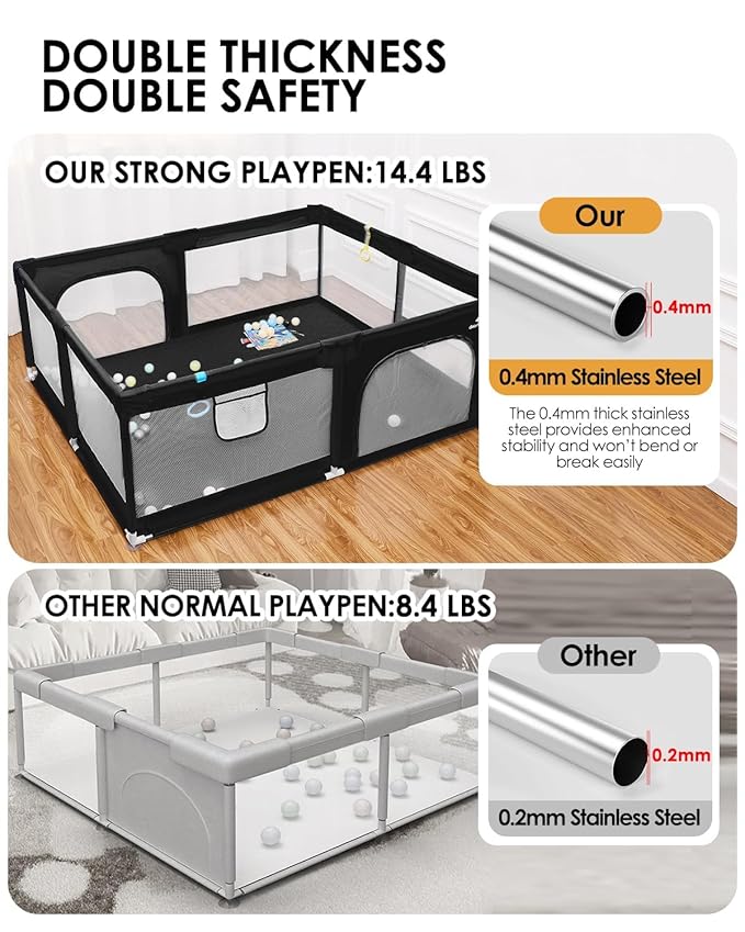 [Upgraded] dearlomum Baby Playpen, 71"x59" Extra Large Playard with Thickened Steel Pipes, Baby Activity Center with Gate & Toys, Sturdy Soft Mesh Safety Fence for Toddlers (Black)