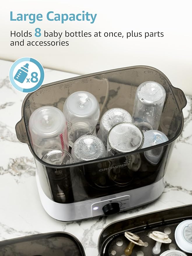 Grownsy Adjustable 4 in 1 Large Bottle Sterilizer and Dryer, 8 Bottles Capacity,Electric Steam Baby Bottle Sterilizer, Sanitizer for Baby Bottles & Pacifiers, Breast Pump Parts