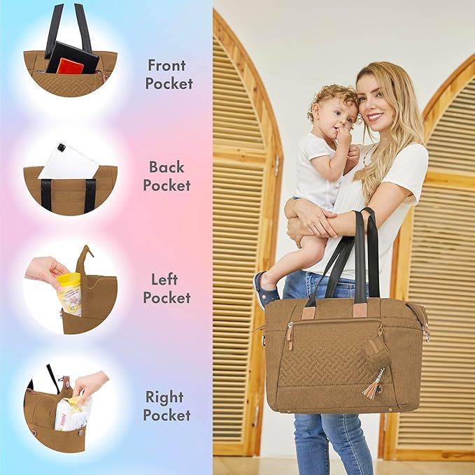 Dikaslon Diaper Bag Tote, Large Travel diaper tote for Mom and Dad, Multifunction baby tote bag for Boys and Girls with Pacifier Case and Changing Pad, Khaki