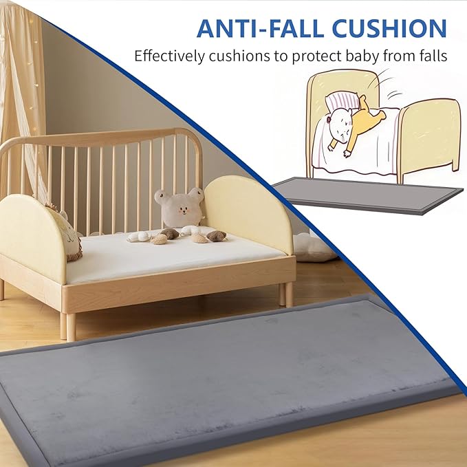 Huloo Sleep Play Mat for Babies Toddlers,1.3" Thick Elasti-Foam Anti-Fall Cushion Mat for Kids Room,28×72 Bedroom Bedside Rugs,Water-Repellent Soft Coral Velvet,Non-Slip(Dark Grey)