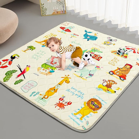 TreeBud Baby Play Mat - Thicken 50x50 Inch Soft Foam Crawling Mat for Playpen & Floor, Non-Slip Waterproof Playmats for Infants & Toddlers, Portable Foldable & Machine Washable, Beach Animals