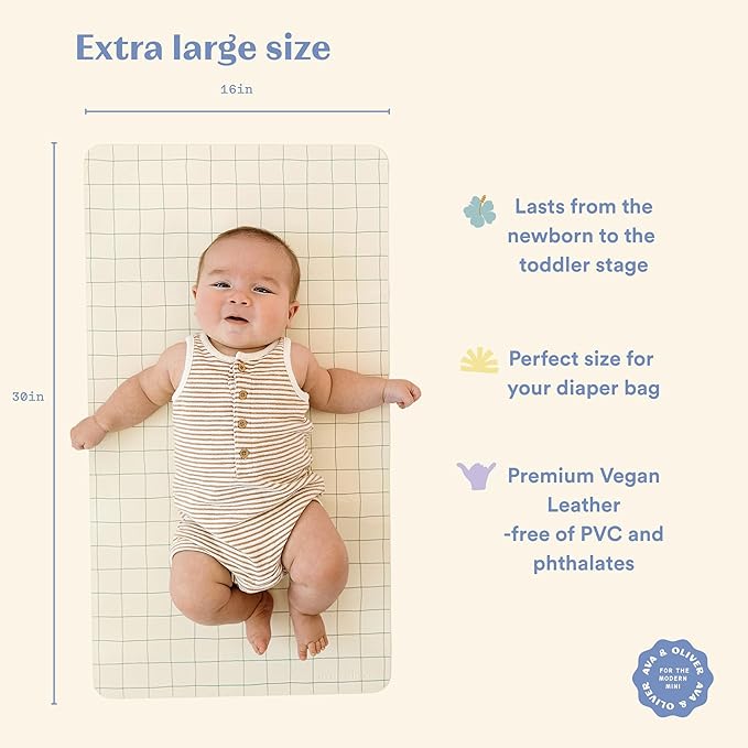 Ava + Oliver Vegan Leather Baby Changing Mat (16 X 30 in) - Multipurpose Wipeable and Portable Diaper Changing Pad - Foldable for Travel (Blue Check)