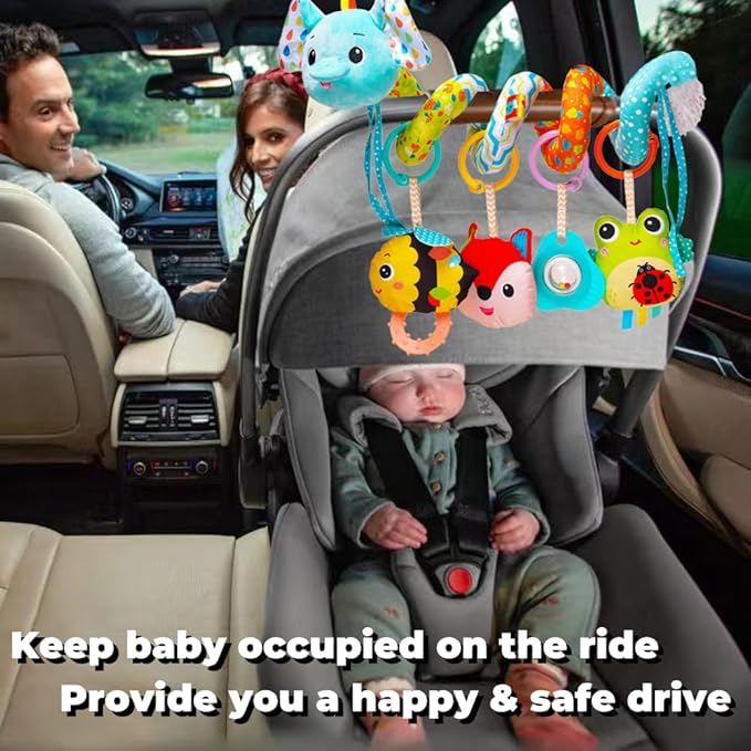 BATOHO Car Seat Toys for Babies 0-6 Months, Hanging Spiral Activity Stroller Toy for Infants 3-6 Months, Developmental Toy for Newborn 0 3 6 12 Month with Music Box Rattle Squeaker- Blue Elephant