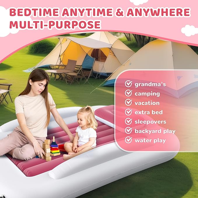 Deeteck Inflatable Toddler Travel Bed - 60 Inches Portable Toddler Bed for Travel with Safety Sides - Cozy Kids Air Mattress Set with High-Speed Pump & Carry Case - Lightweight & Easy to Inflate(Pink)
