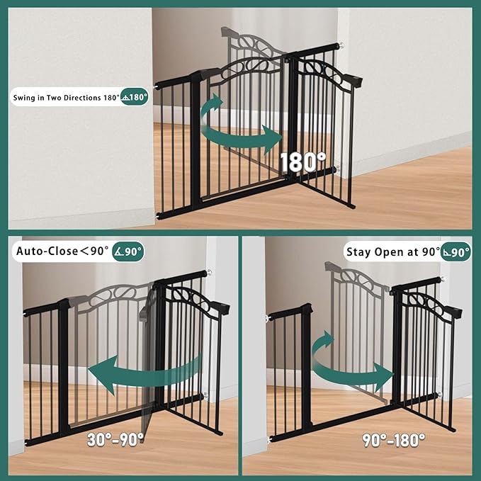 Fairy Baby 29.53"-32.28" Wide Baby Gate with Door, Walk Through Baby Gates for Stairs Pressure Mounted no Drill, Indoor Tension Metal Pet Dog Gate, Auto Close Child Safety Gate, Black