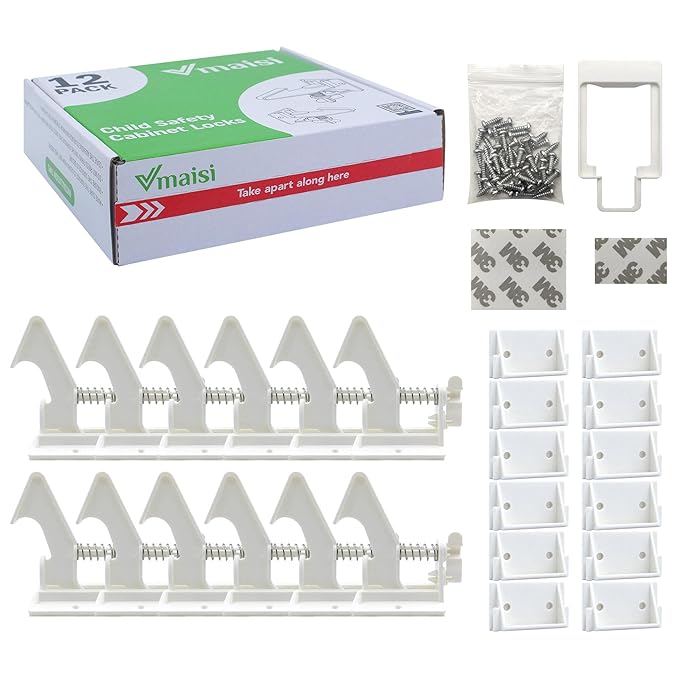 Vmaisi 24 Pack Cabinet Locks Child Safety Latches - Baby Proofing Cabinets Drawer Lock with Adhesive Easy Installation - No Drilling or Extra Screws (White)