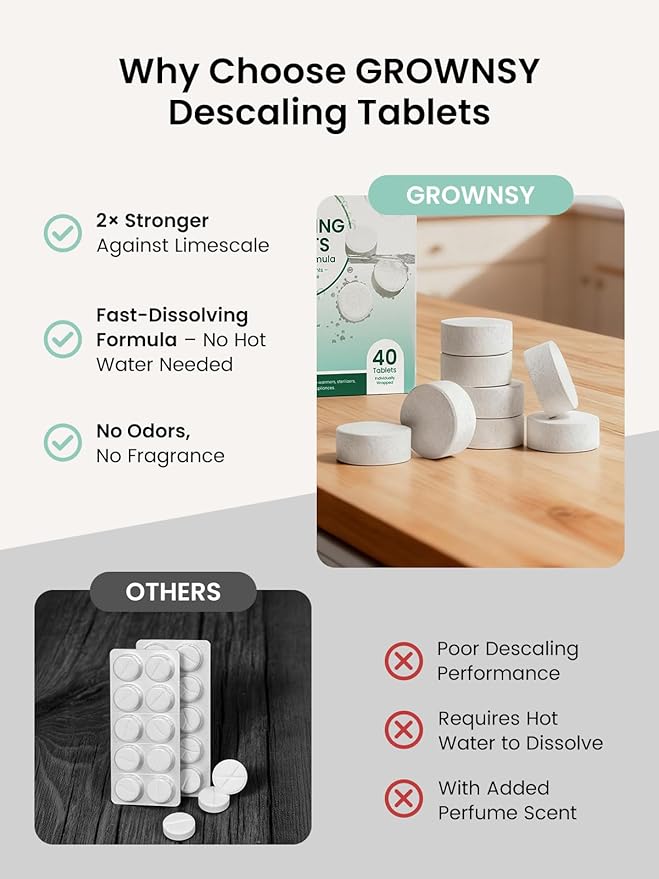 GROWNSY Descaling Tablets for Bottle Warmer & Bottle Sterilizer, Descaler Cleaner 40 Count for Baby Food Maker, Deep Cleans Limescale, Fights Odors & Maintains Performance, 1 Year Supply