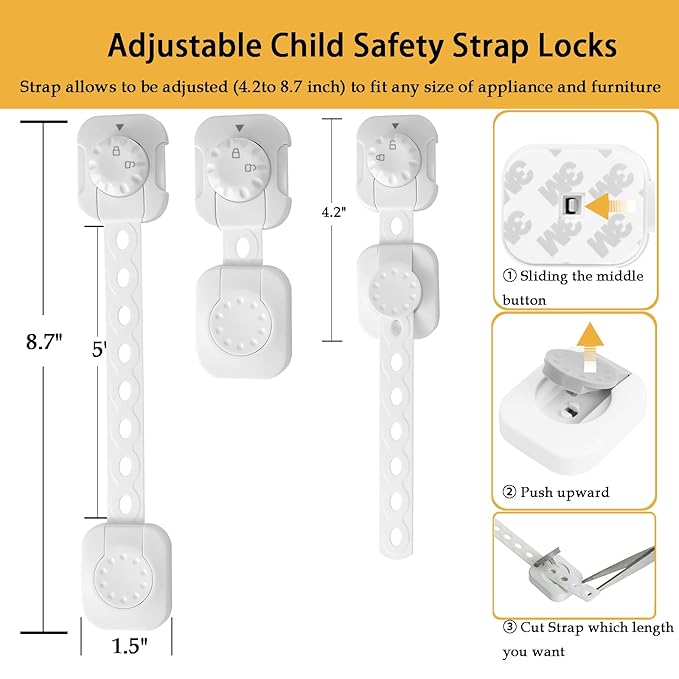 Fursafe&Q Child Safety Cabinet Proofing, Baby Cabinet Locks Adhesive Adjustable Child Safety Strap Locks Drawer Fridge Ovens Toilet Latches No Screws for Furniture Kitchen White 12 Pack