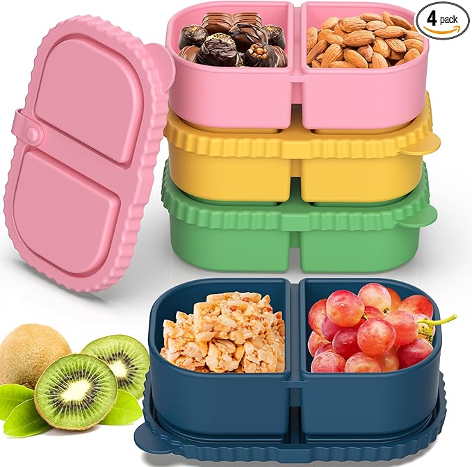 4 Pack Silicone Snack Containers with Lids, Double Compartment Snack Containers for Sauce, Reusable Silicone Food Storage Box for Lunch Office Travel
