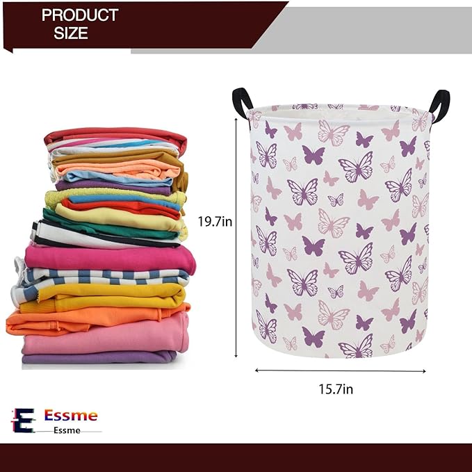 ESSME Butterfly Laundry Basket,Kids Hamper Collapsible Canvas Waterproof Storage Bin for Girls, Nursery Hamper,Gift Baskets,toy bins(Purple Butterfly)
